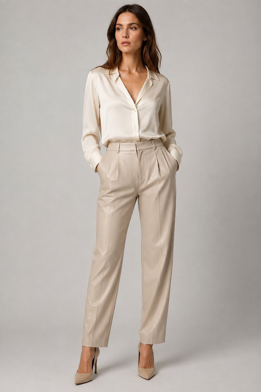 Erika Cavallini Faux Leather Pants Stone Ecru Size 40 US 4 NWT High Rise Italy